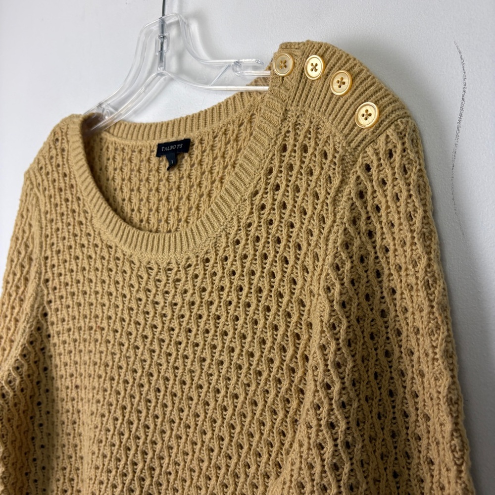 Talbots Neutral Cozy Knit Crewneck Sweater Button-Shoulder Textured Pullover - Picture 6 of 9